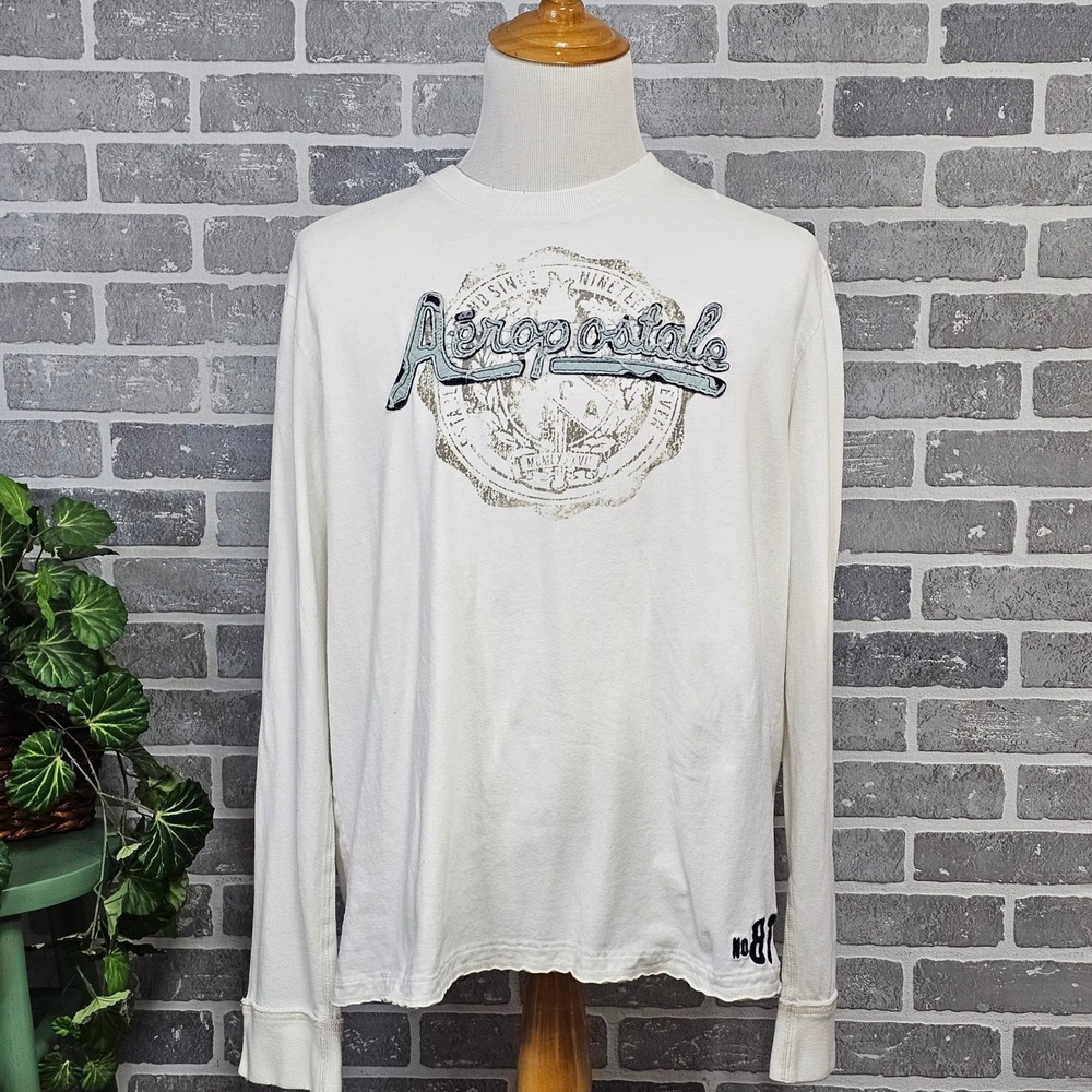 Aeropostale Soft White Graphic Logo Long‎ Sleeve Shirt Men's XXL Cotton